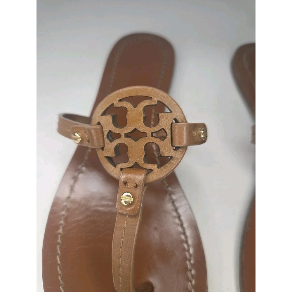 Tory Burch Miller Leather Thong Sandals Tan Brown Double T Logo Flat Women's 7.5